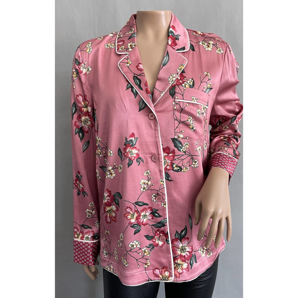Joie Pajama Top Women XS Pink Floral Satin Sleep Button Up Shirt Viscose